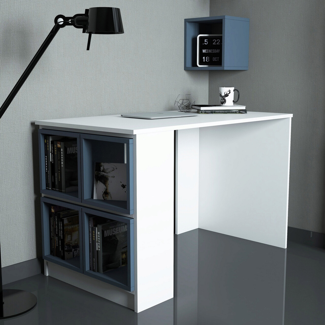 Birou, Hanah Home, Box, 120x75x65 cm, Alb/Albastru - imagine 6